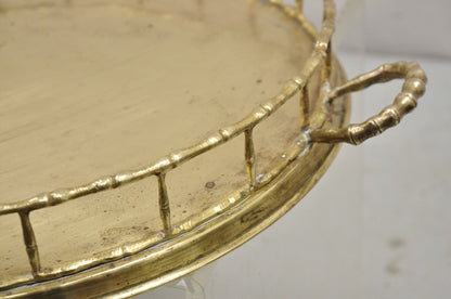 Vintage Hollywood Regency Faux Bamboo Solid Brass Round Serving Platter Tray