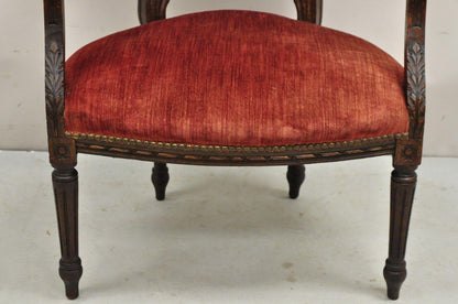 Antique French Louis XVI Style Carved Walnut Needlepoint Red Fauteuil Arm Chair