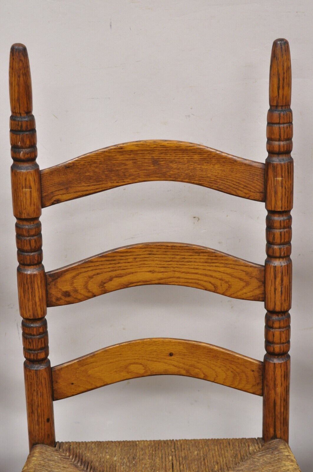 Antique Ladderback Primitive Rustic Oak Wood Rush Seat Dining Chairs - Set of 4