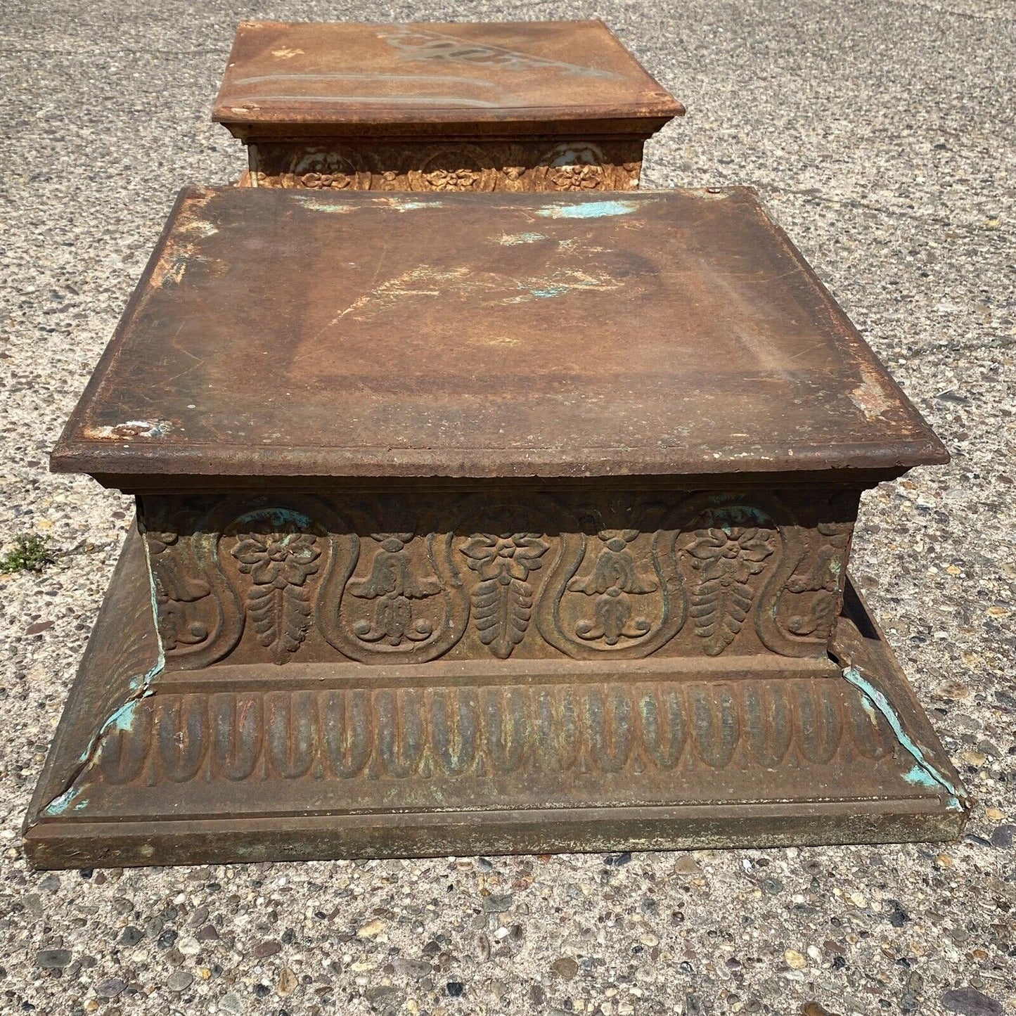 Vintage French Neoclassical Cast Iron Large Square Low Garden Pedestal Base Pair