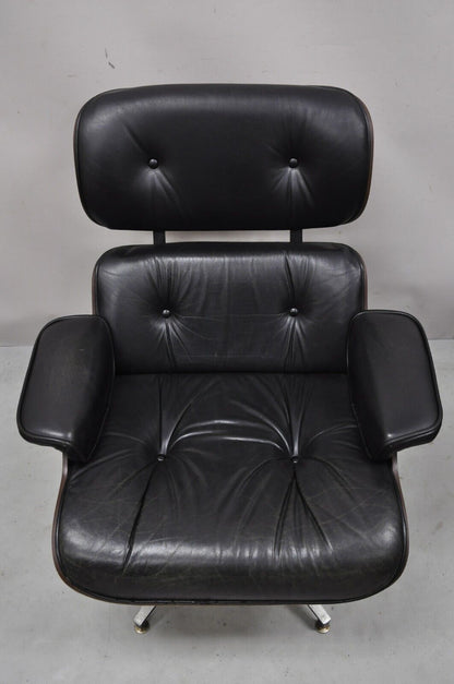 Vintage Selig Plycaft Black Leather Eames Style Walnut Swivel Tilt Lounge Chair