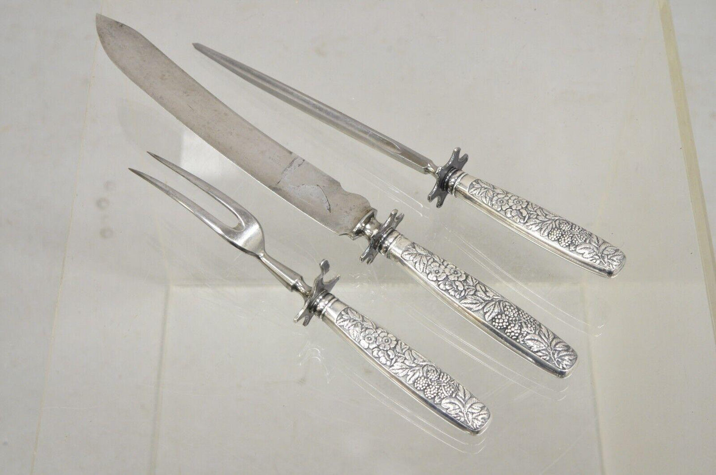 Antique R Wallace & Sons Victorian Silver Plated Repousse Meat Carving Set - 3Pc