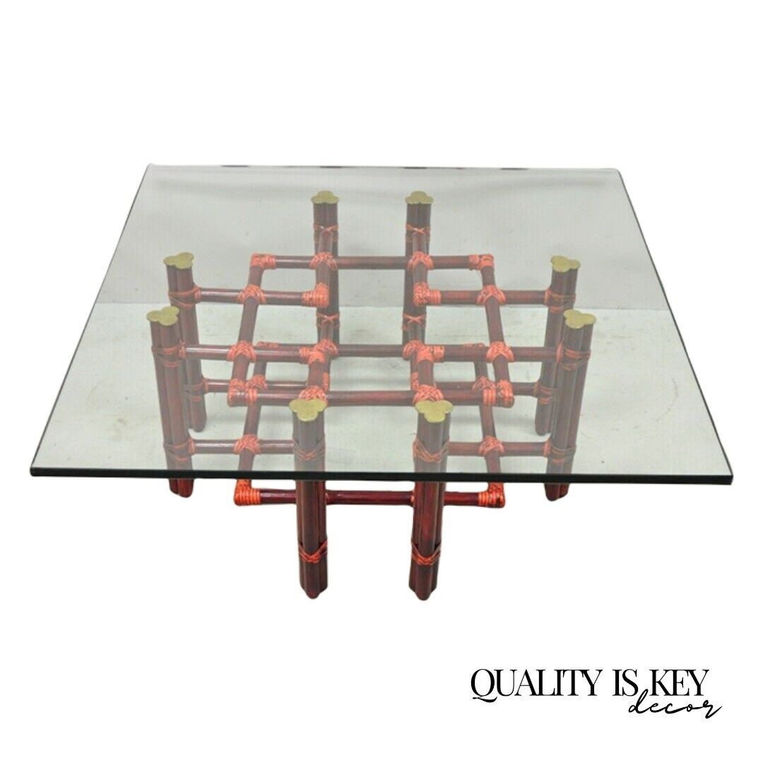 Vintage McGuire Red Rattan Bamboo and Brass Glass Top Square Coffee Table