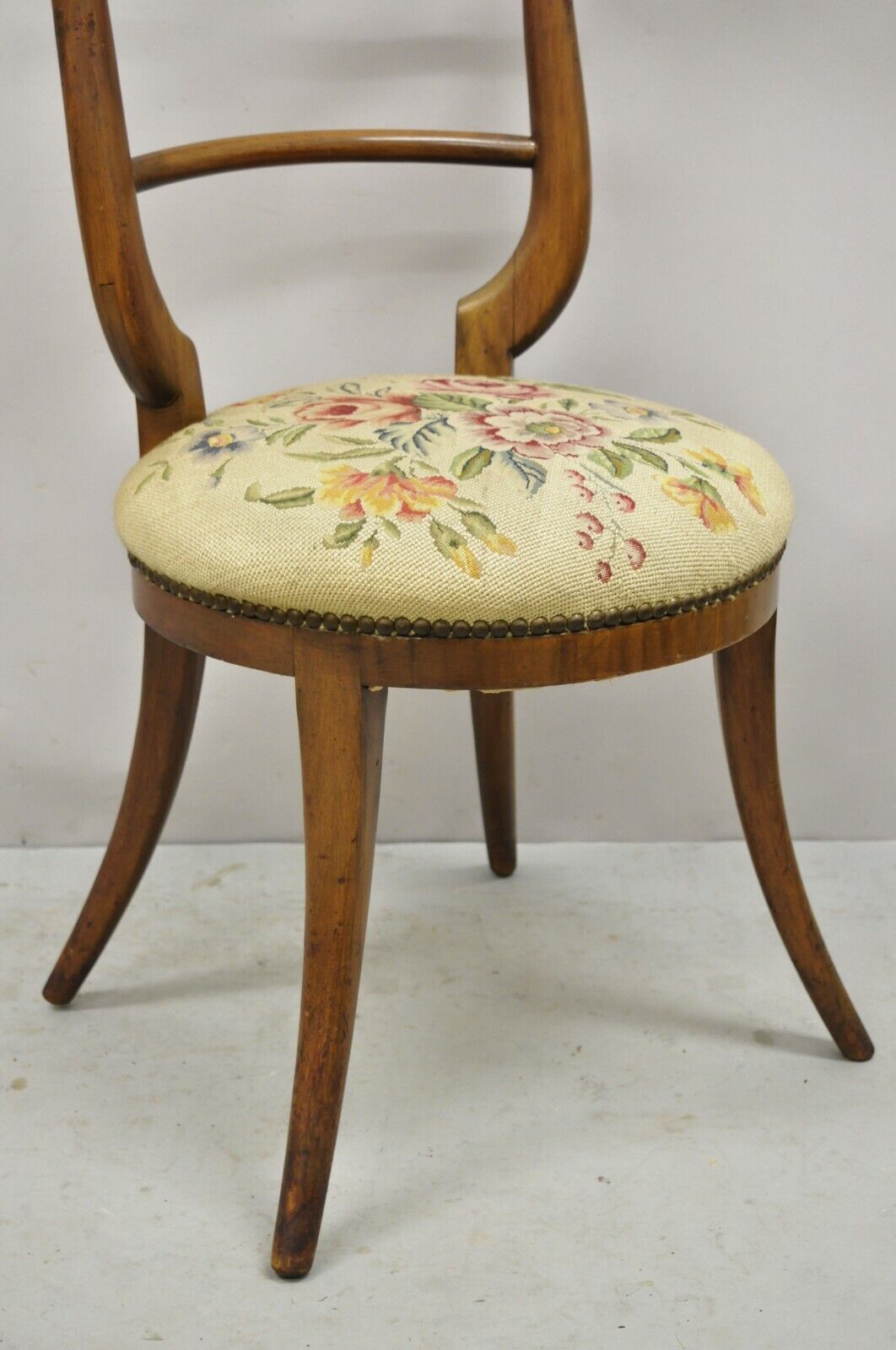 Vintage Italian Biedermeier Saber Leg Accent Side Chair with Needlepoint Seat