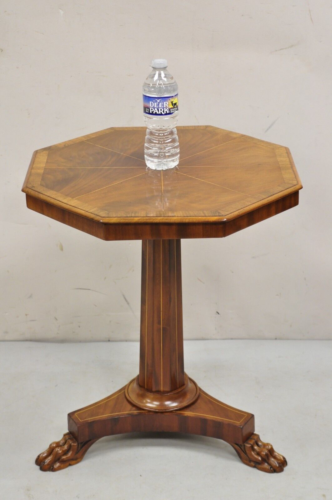 Empire Octagonal Mahogany Sunburst Inlay Pedestal Base Side Table w/ Paw Feet