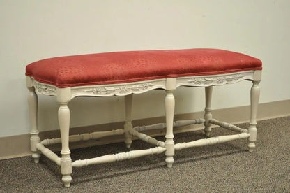 Vintage French Country Style White Carved Wood 6 Leg Upholstered Window Bench