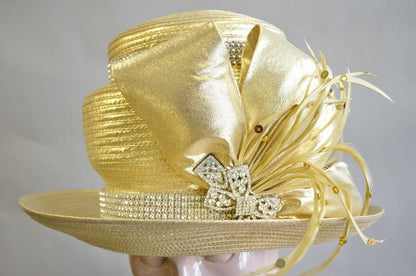 Vintage Whittall & Shon Metallic Gold Rhinestones 3 Tier Church Derby Crown Hat