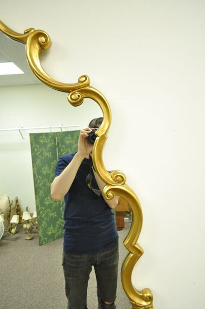 Vintage Hollywood Regency French Style Gold Carved Wood Scrollwork Wall Mirror