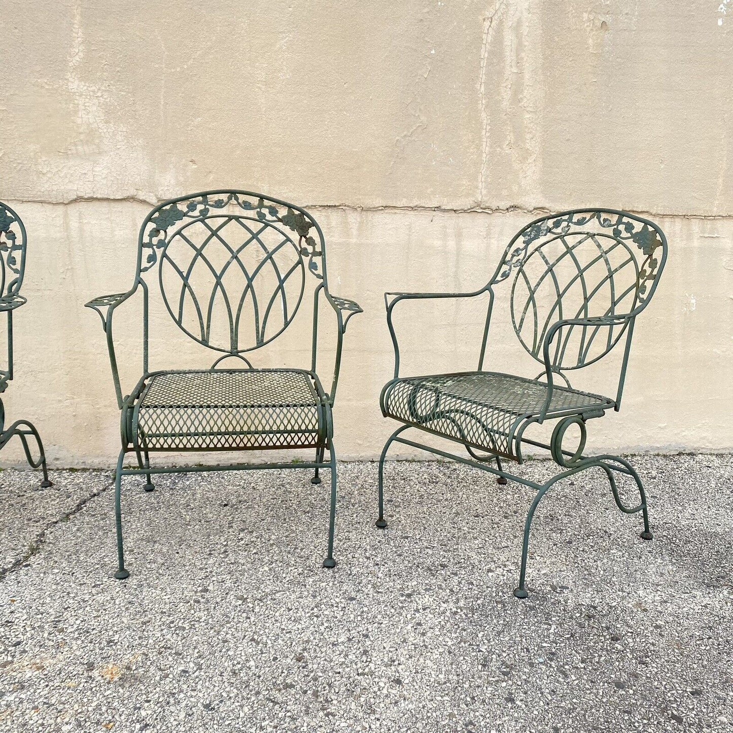 Wrought Iron Green Woodard Rose Style Garden Patio Springer Chairs - Set of 4