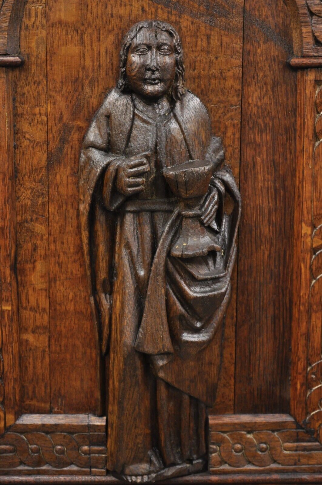 Antique Spanish Renaissance Figural Carved Oak Wood Religious Cupboard Cabinet