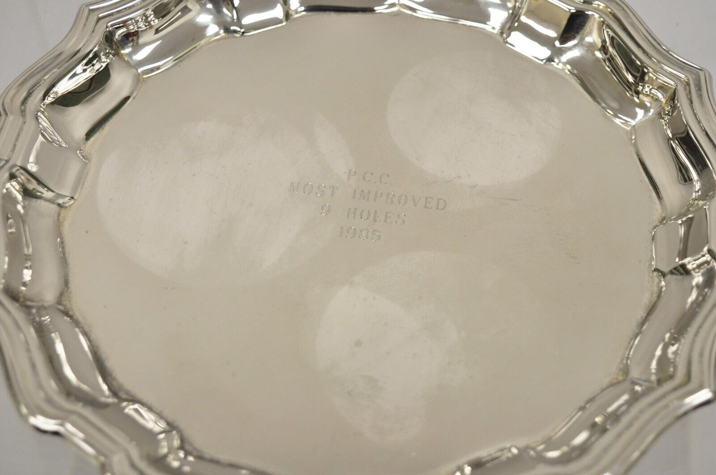 Vintage Scalloped Edge Silver Plated Golf Award Plate "Most Improved... 1985"