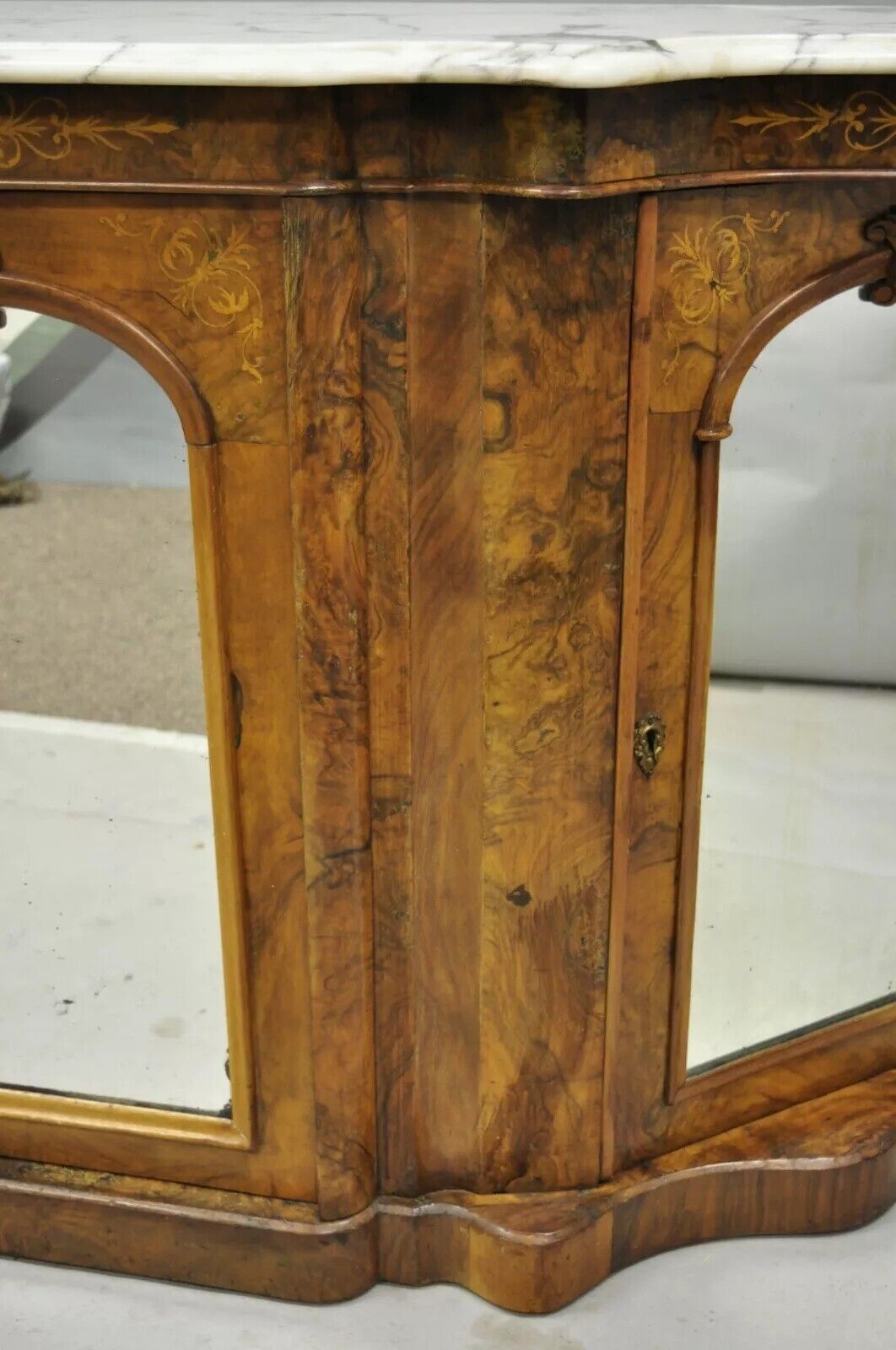 Antique Victorian Burr Wood Walnut Serpentine Marble Top Sideboard Credenza