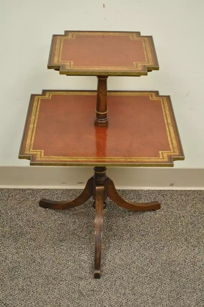 Vintage English Regency Style Mahogany Tooled Leather Two Tier Side Table