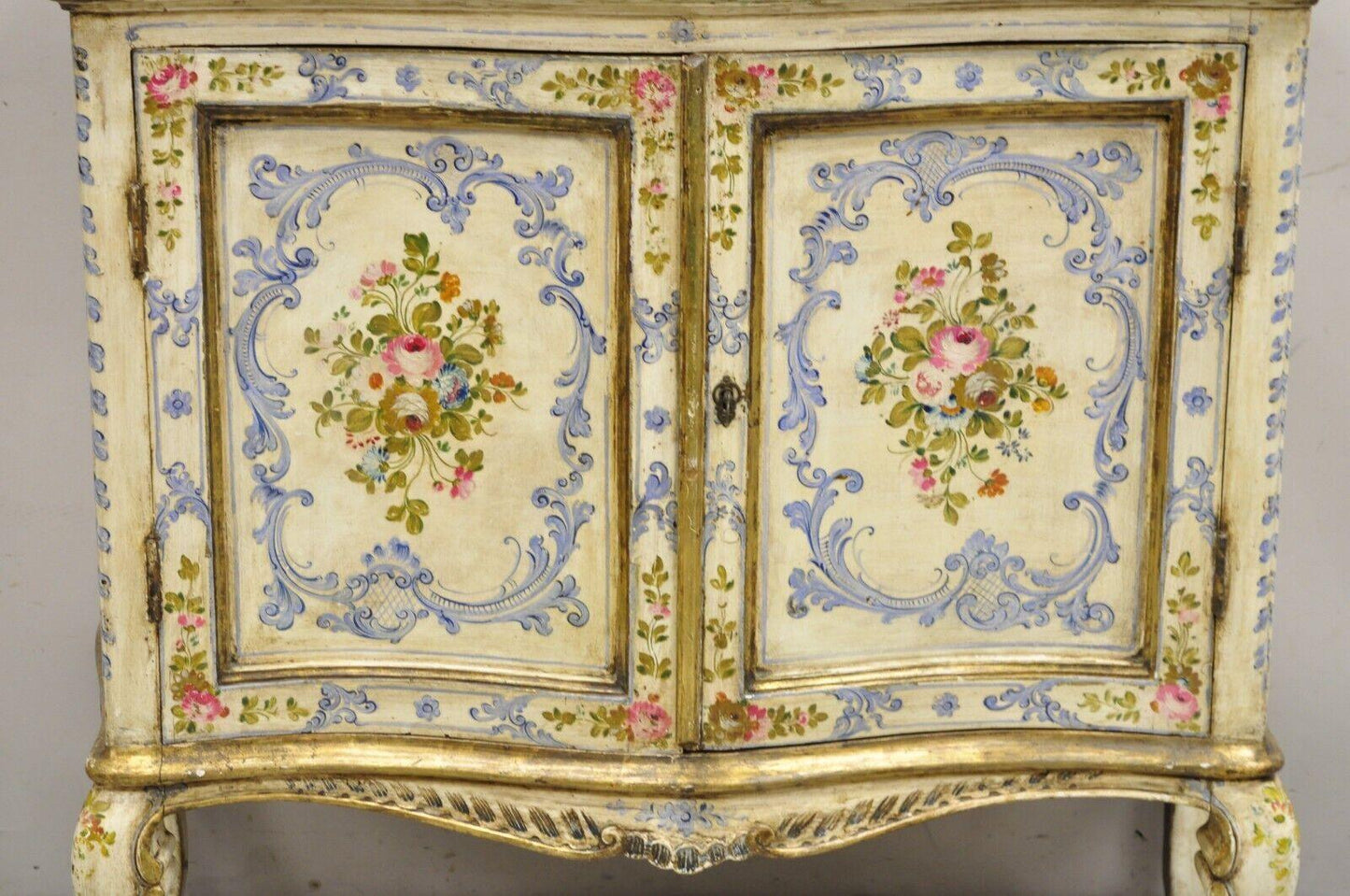 19th C. Italian Venetian Hand Painted Demilune Buffet Cabinet with 3 Drawers