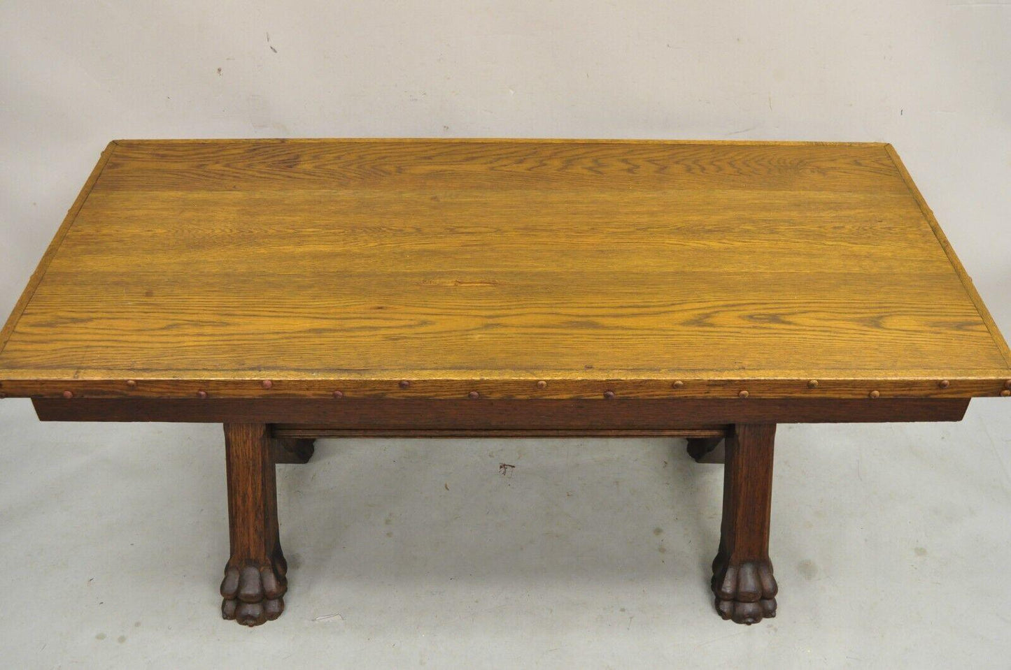 Antique English Renaissance Oak Wood Trestle Sawbuck Dining Table with Paw Feet