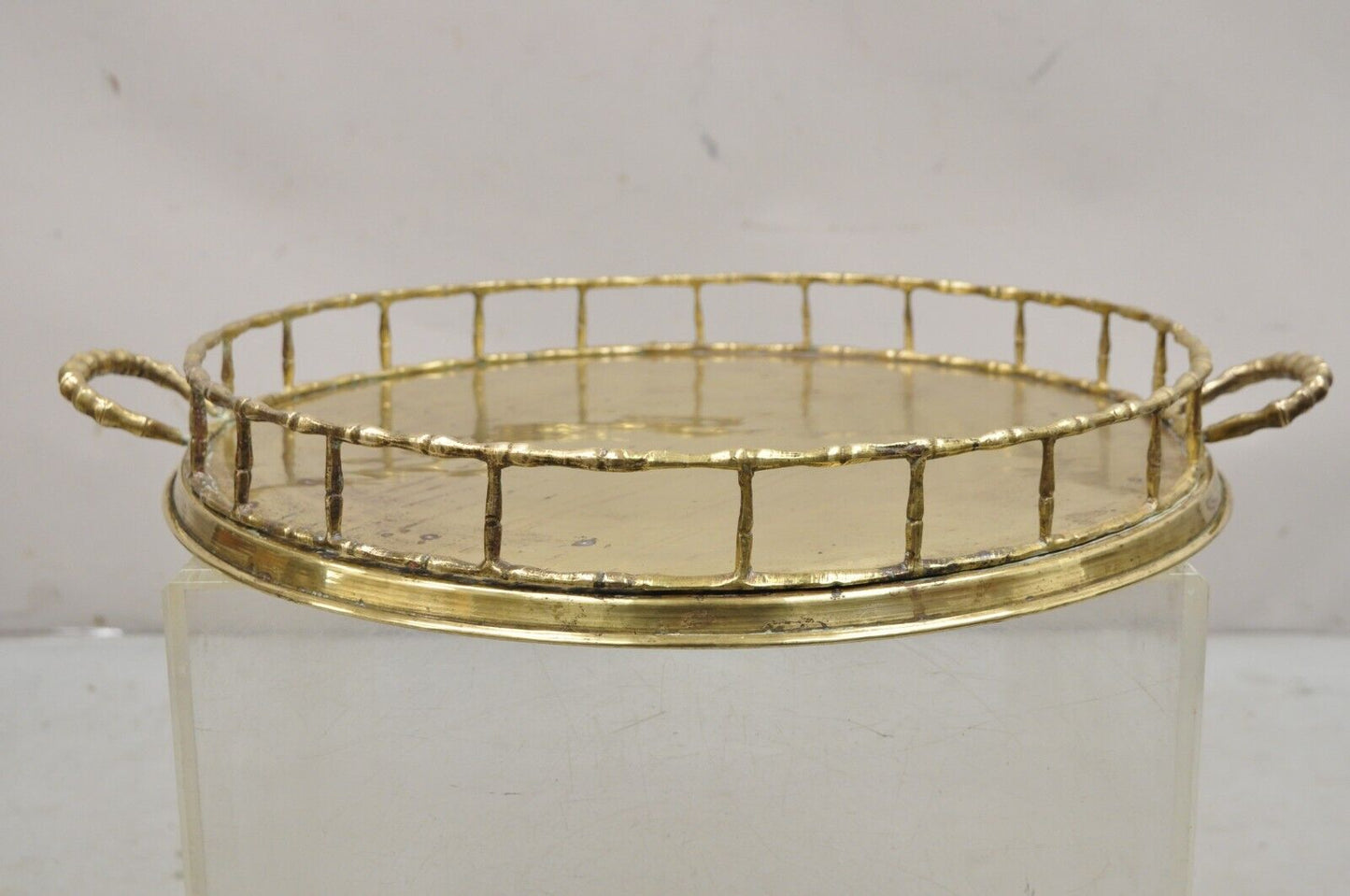 Vintage Hollywood Regency Faux Bamboo Solid Brass Round Serving Platter Tray