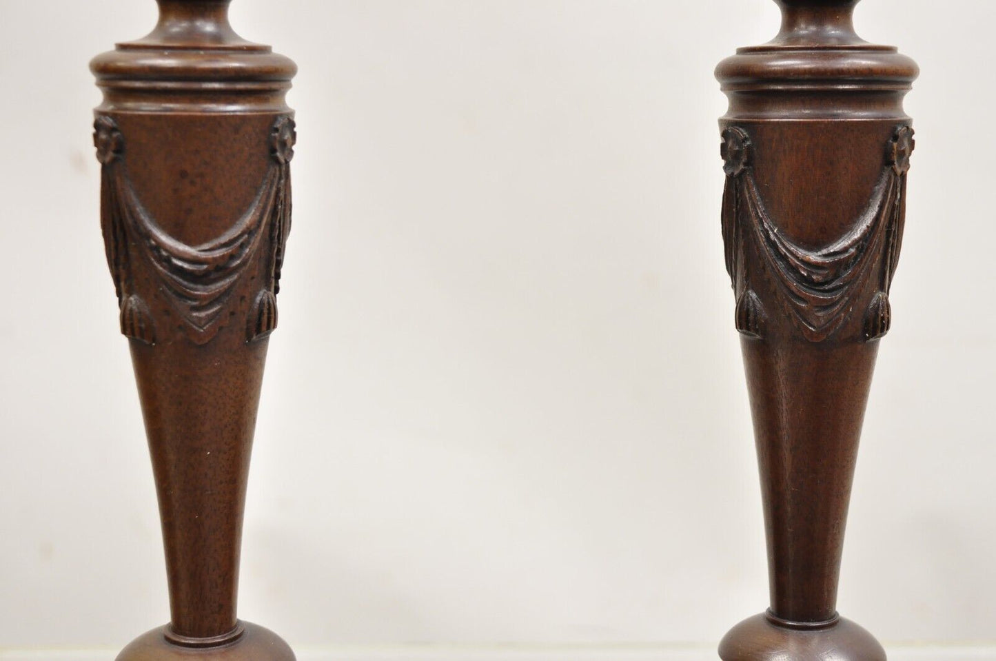 Antique English Edwardian Carved Mahogany Draped Single Candle Stick - Pair