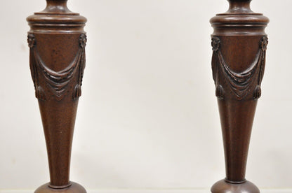 Antique English Edwardian Carved Mahogany Draped Single Candle Stick - Pair