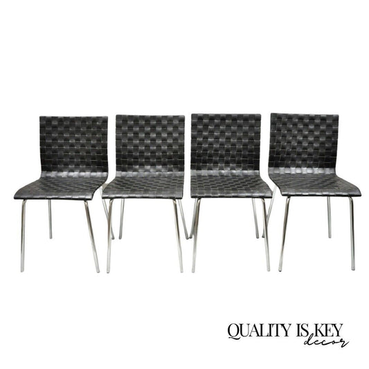 Modern Black Woven Leather Chrome Frame Dining Chairs - Set of 4