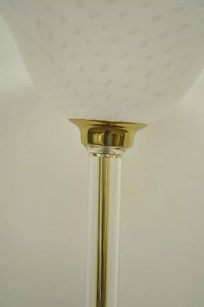 Vintage Mid Century Hollywood Regency Lucite Brass Glass Torchiere Floor Lamp