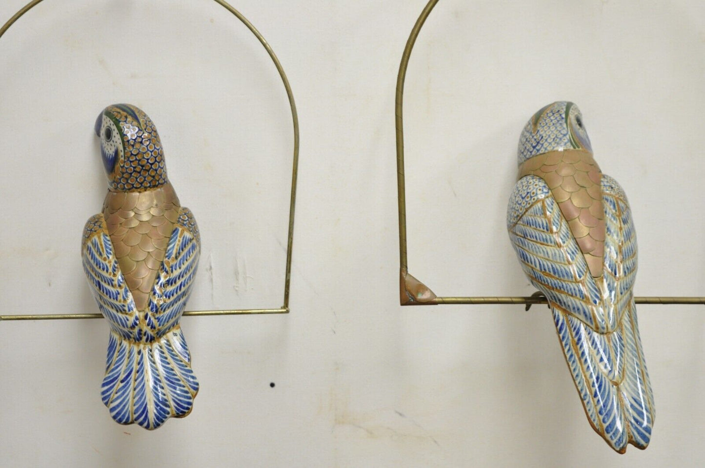 Vintage Sergio Bustamante Brass and Ceramic Perched Parrot Sculpture - a Pair