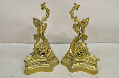 Vintage French Baroque Style Brass Figural Andirons with Dragon Griffins - Pair