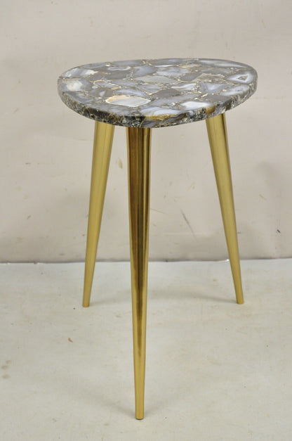 Modern Blue Agate Specimen Stone Side Table w/ Brass Tapered Legs Made in India