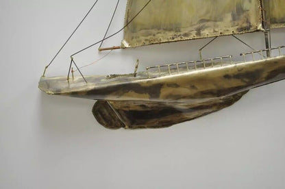 RaMan Brutalist Mid Century Modern Jere Style Brass Clipper Ship Wall Sculpture