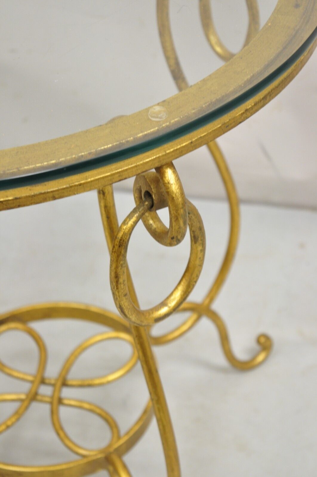 Gold Gilt French René Drouet Style Scrolling Iron Round Glass Accent Side Table