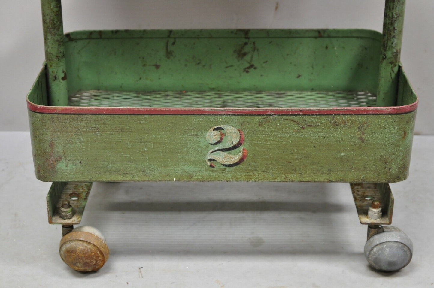 Antique "Bath House 2" Green Painted Metal 3 Tier Rolling Bathroom Trolley Cart