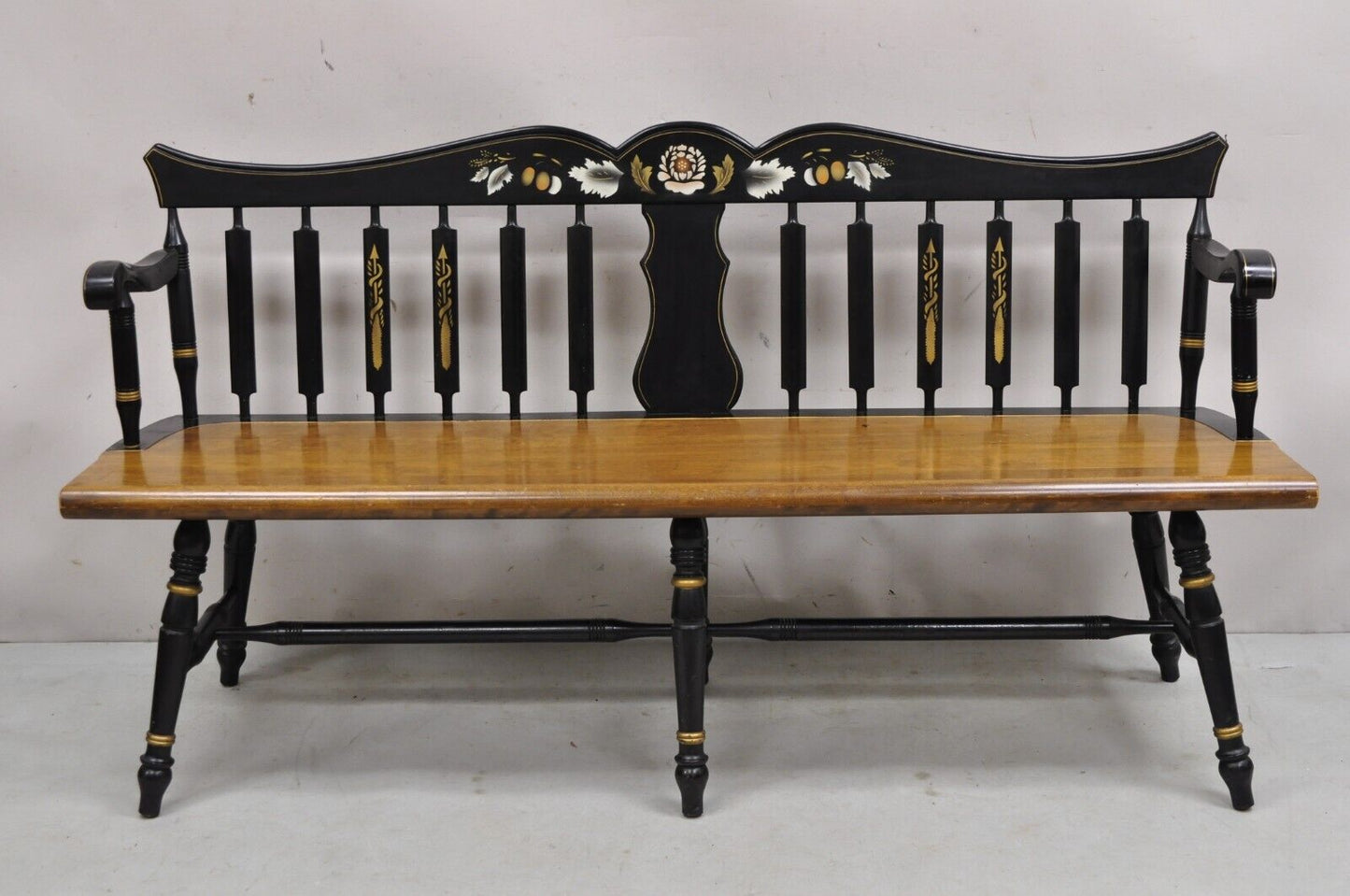 Vintage Hitchcock Style Maple Wood 6 Leg Colonial Black Stencil Windsor Bench