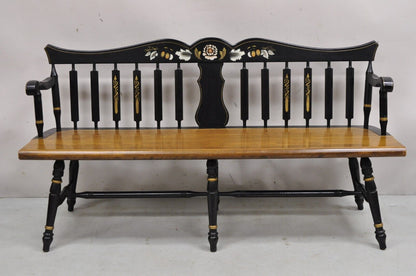 Vintage Hitchcock Style Maple Wood 6 Leg Colonial Black Stencil Windsor Bench