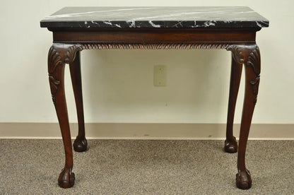 Vintage Mahogany Chippendale Style Ball and Claw Marble Top Console Hall Table