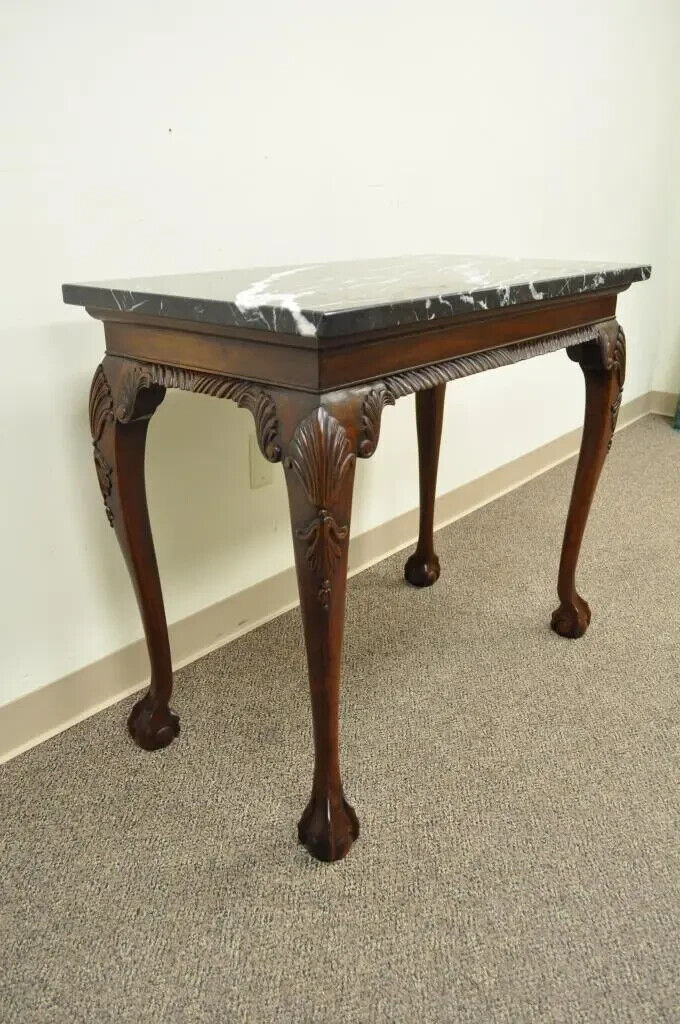 Vintage Mahogany Chippendale Style Ball and Claw Marble Top Console Hall Table