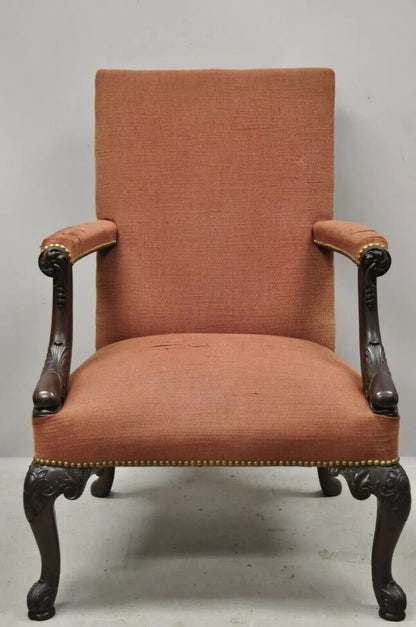 Antique Georgian Figural Dolphin Carved Mahogany Upholstered Library Arm Chair