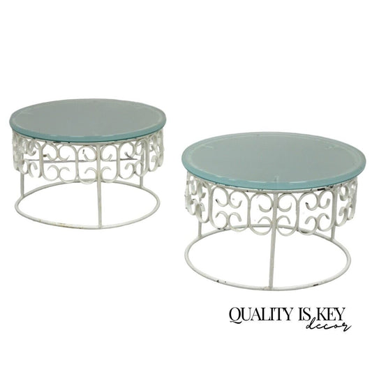 Arthur Umanoff Wrought Iron Scroll Low Round Glass Top Side Tables - a Pair