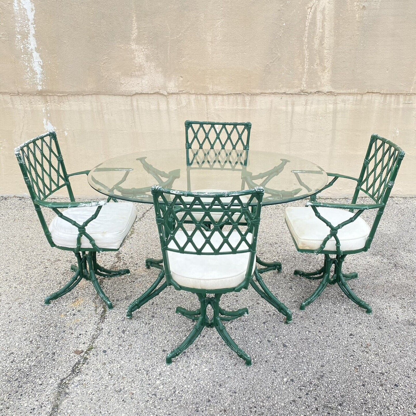 Vintage Hollywood Regency Faux Bamboo Lattice Metal Green Dining Set - 5 Pc Set