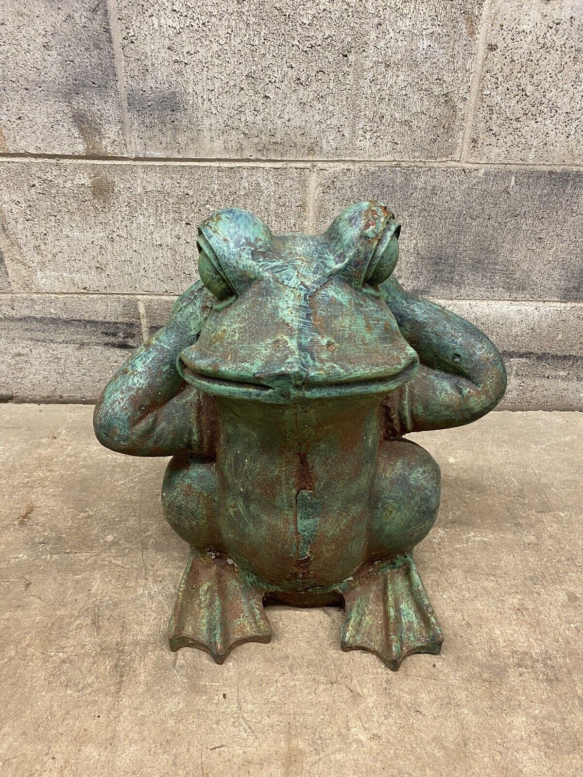 Vintage Hollywood Regency Green Cast Iron Garden Frog Statue "Hear no Evil"