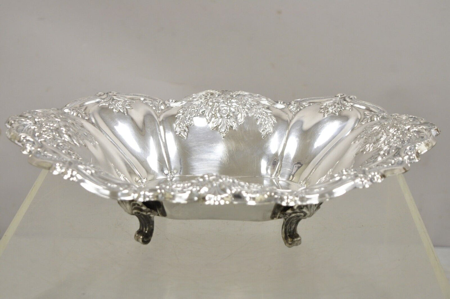 Victorian Silver Plated Floral Repousse Trinket Dish Serving Bowl Platter