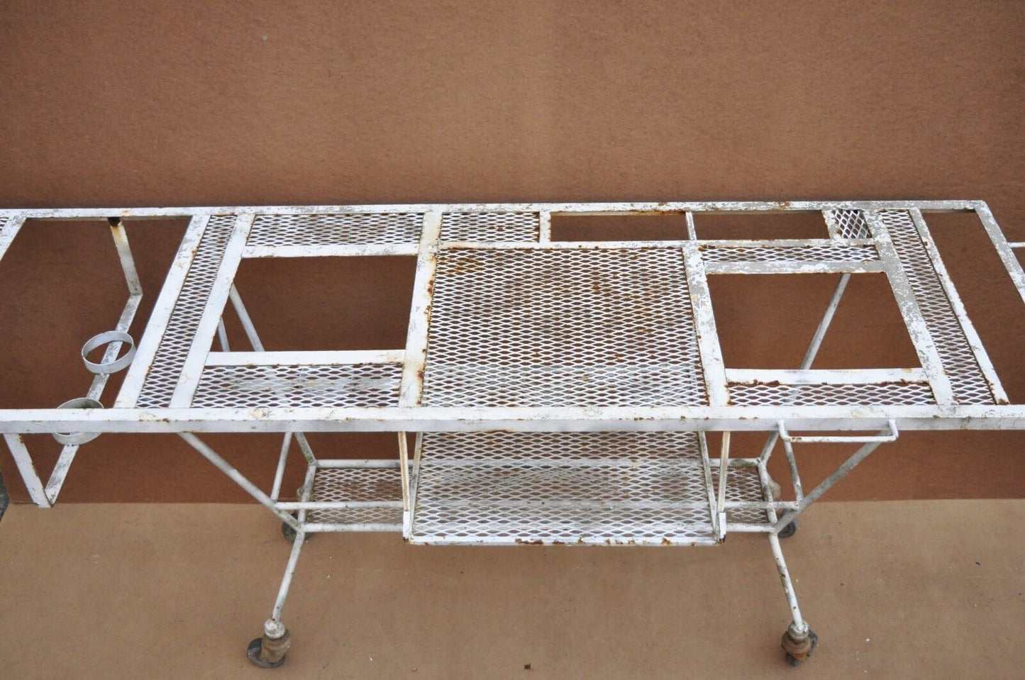 Vintage Mid Century Modern Wrought Iron Metal Mesh Rolling Bar Cart Table