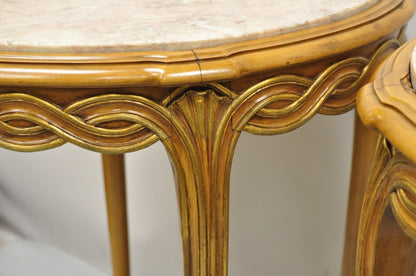 French Provincial Hollywood Regency Round Pink Marble Top Side Tables - a Pair