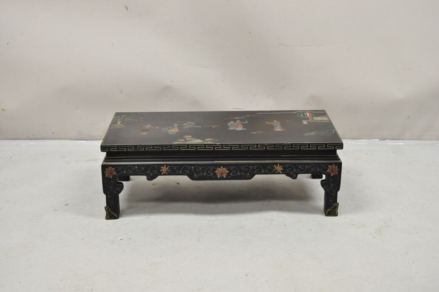 Vintage Chinese Oriental Black Lacquer Hand Painted Low Asian Side Table