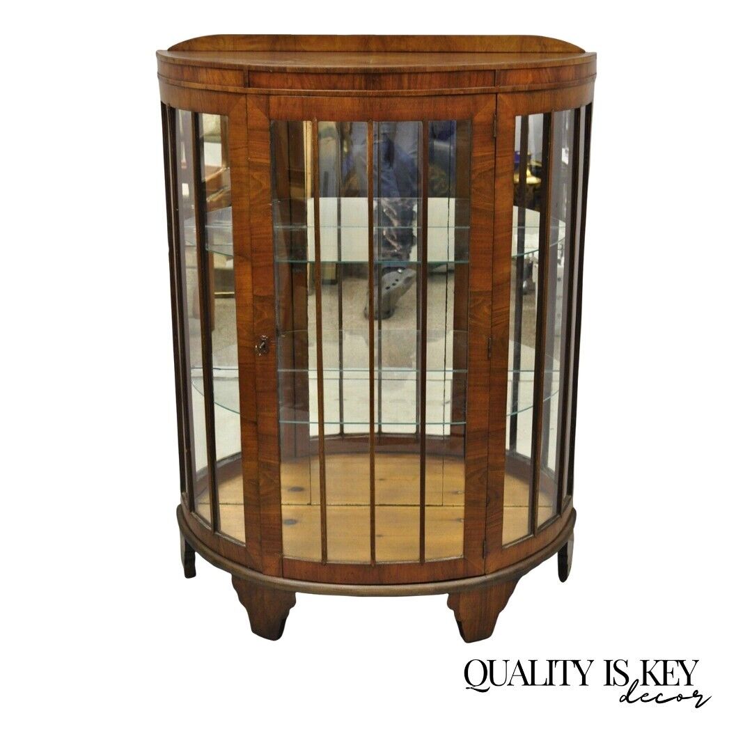 Antique Art Deco Small Half Round Demilune Walnut Curio Display Cabinet