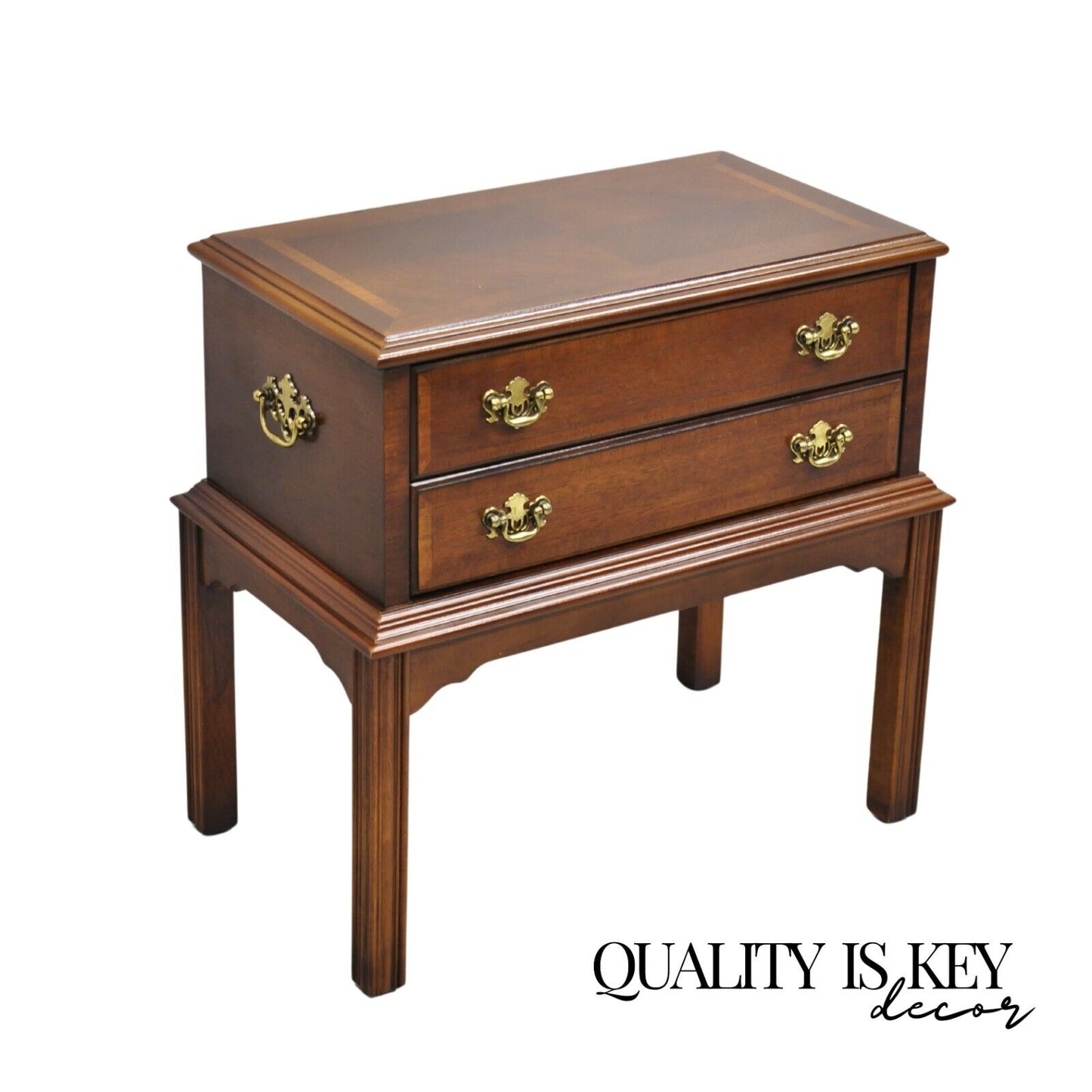 Lane Chippendale Style Banded Mahogany Wood 2 Drawer Small Side Table Chest