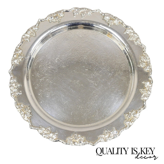 Antique English Victorian Silver Plated Grapevine Round Serving Platter Tray