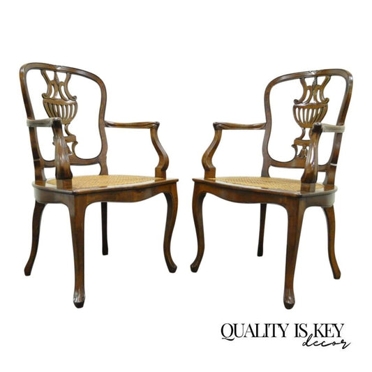 Vintage Italian Venetian Style Cherry Wood Cane Seat Arm Chairs - a Pair