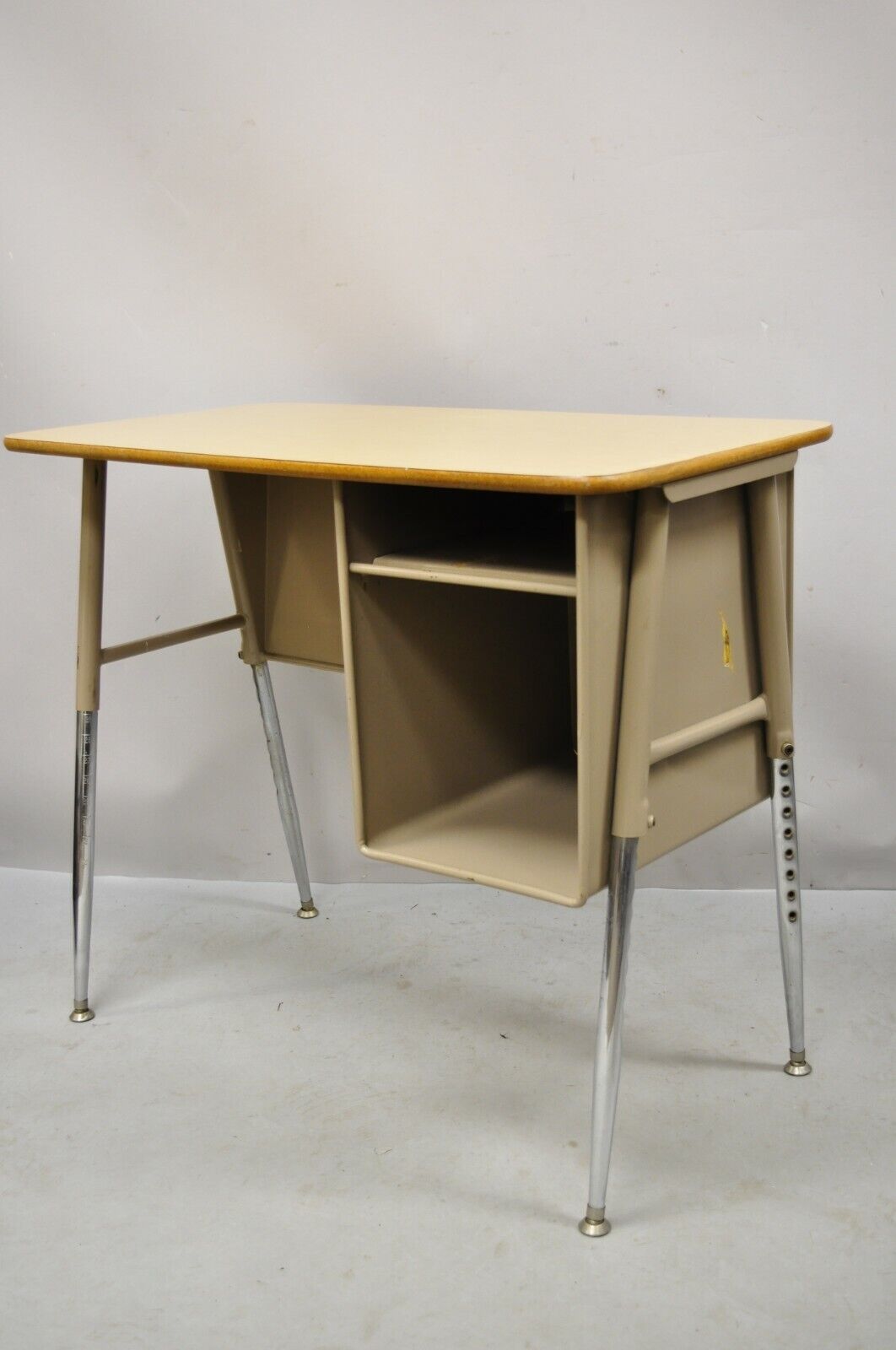 Vintage Adjustable Height Metal School Writing Desk With Laminate Top