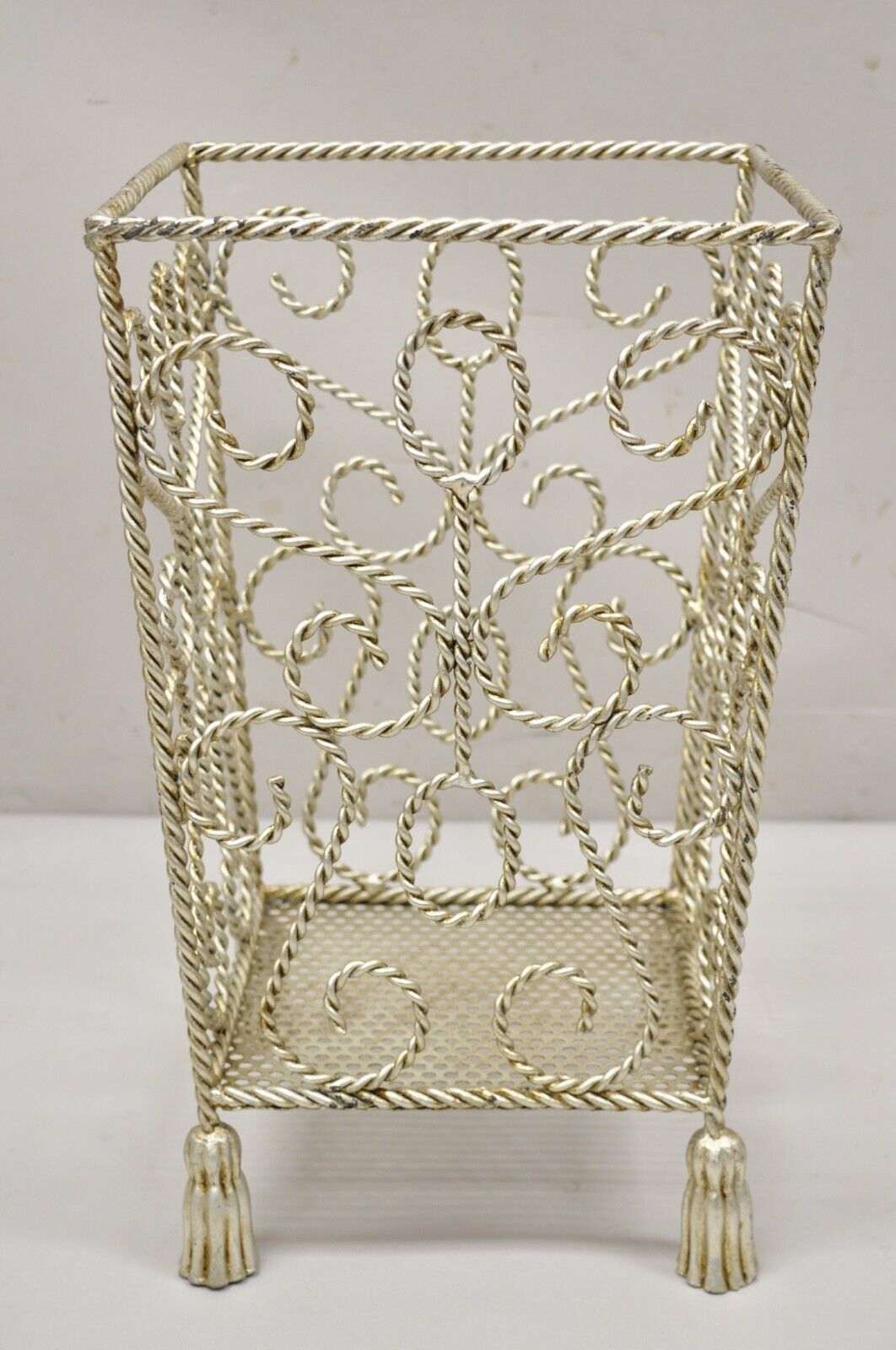 Italian Hollywood Regency Silver Scrolling Iron Tassel Wastebasket Storage Decor