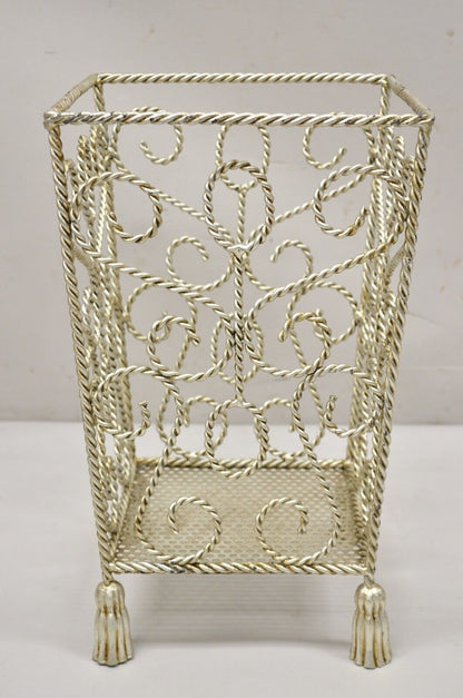 Italian Hollywood Regency Silver Scrolling Iron Tassel Wastebasket Storage Decor