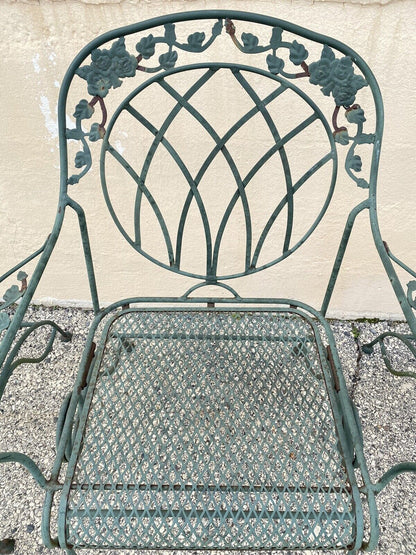Wrought Iron Green Woodard Rose Style Garden Patio Springer Chairs - Set of 4